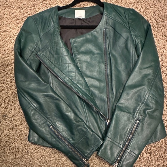 Green Leather Jacket with Subcategory Features - Picture 2 of 7